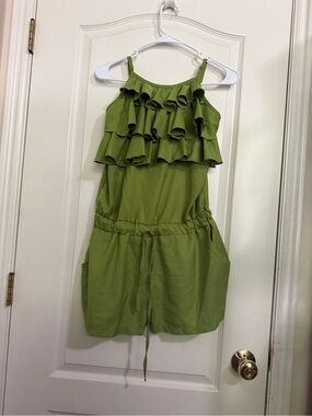 Allegra K Olive Green Ruffle Romper with Drawstring Waist